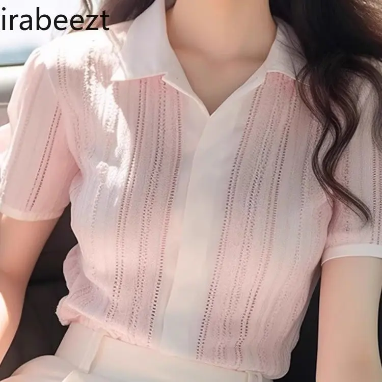 French polo collar pink short-sleeved ladies design niche summer new unique and chic slim fit top knitted blouse women