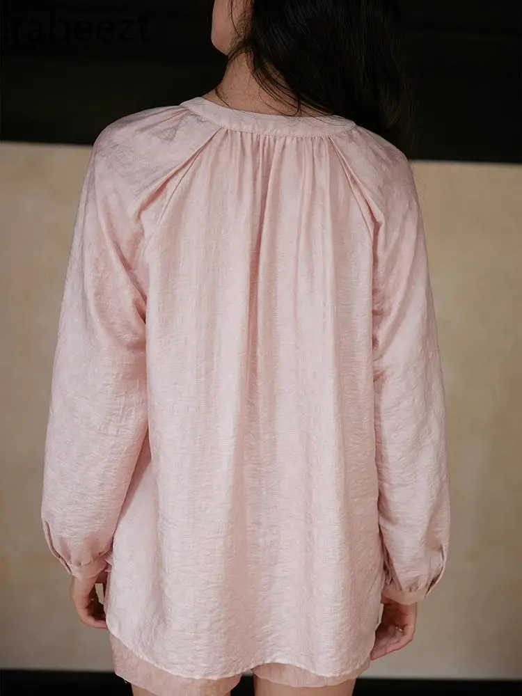Chinese Style Boho Tencel Two-Piece Set Loose-Fit Silky Blouse with Button Details High-Waist Shorts Summer Outfit for Women