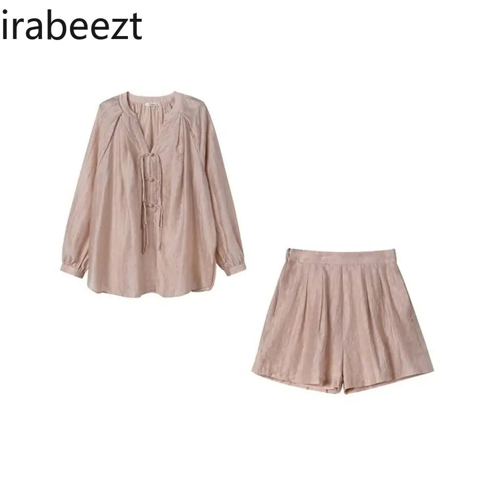 Chinese Style Boho Tencel Two-Piece Set Loose-Fit Silky Blouse with Button Details High-Waist Shorts Summer Outfit for Women