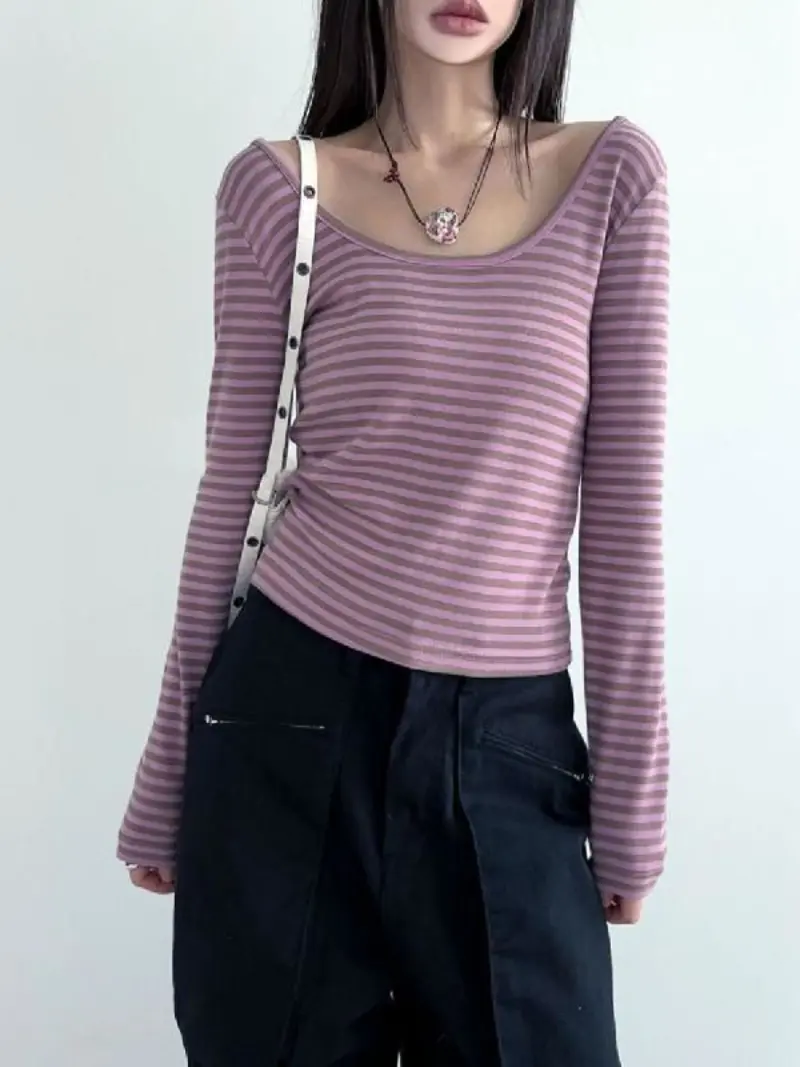 Stripe T-shirt Women Tops Long Sleeves Loose Tee Slim Fit Tshirt Round Neck Casual Tops Female Clothes