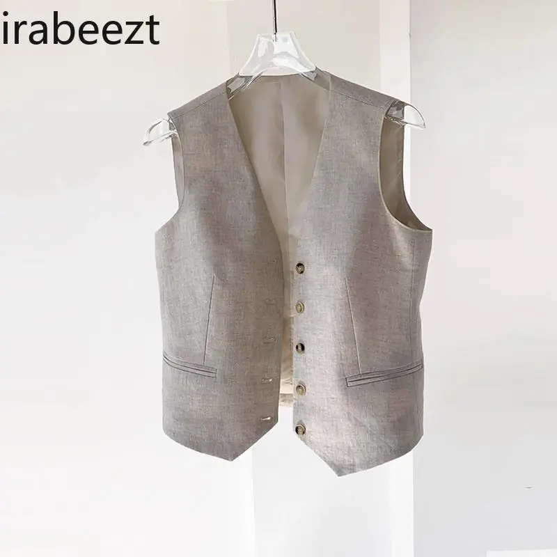 2025 Women's Linen Vest Single Breasted V-Neck Waistcoat Summer Slim Fit Casual Outerwear Sleeveless Cardigan Women