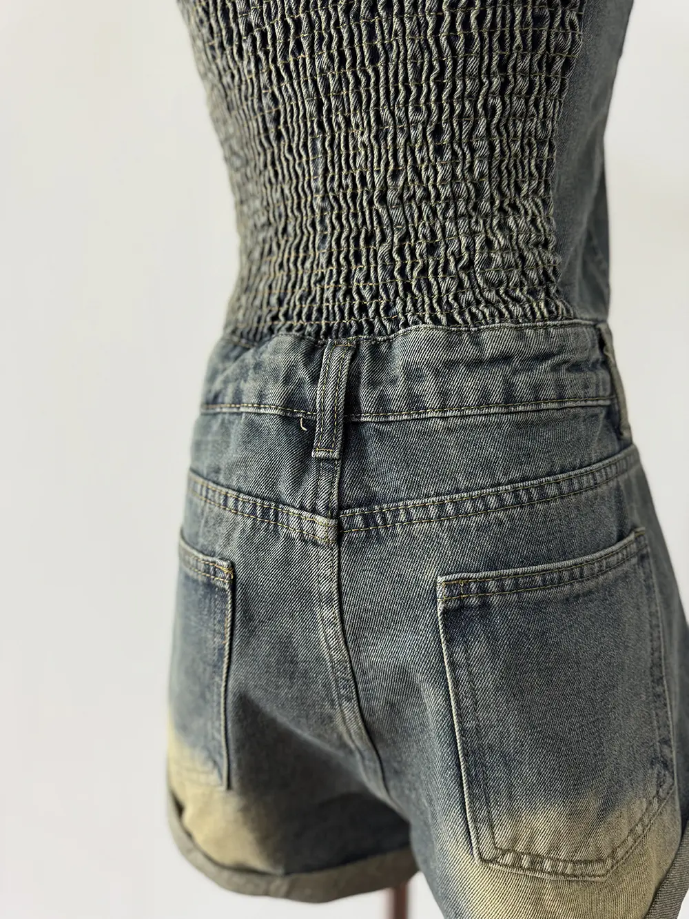 iRabeeZT Vintage Jeans Playsuits Women Rompers Sleeveless Jumpsuit With Halter Summer Sexy Backless Playsuit Rolled Edge Shorts