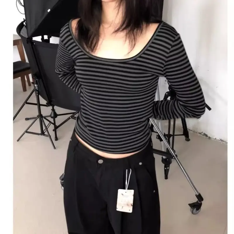 Stripe T-shirt Women Tops Long Sleeves Loose Tee Slim Fit Tshirt Round Neck Casual Tops Female Clothes