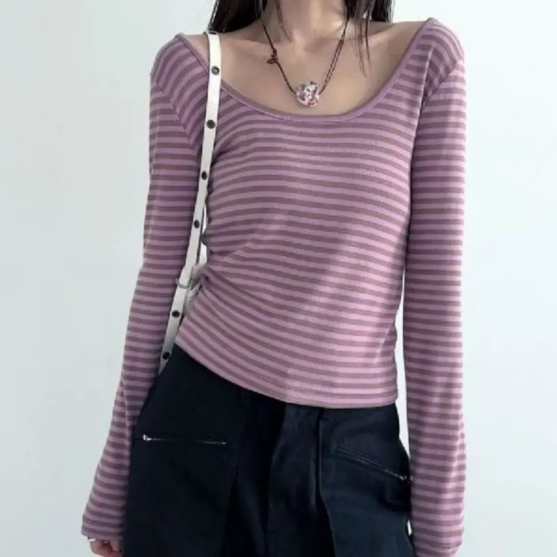 Stripe T-shirt Women Tops Long Sleeves Loose Tee Slim Fit Tshirt Round Neck Casual Tops Female Clothes