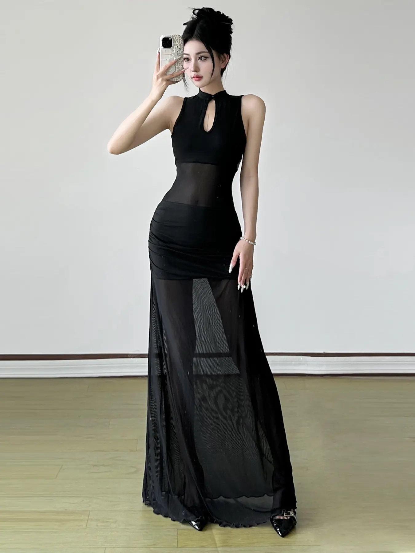 Rockmore Elegant Party Dresses for Women Fashion Mesh Tanks Dress Sexy Cut Out See ​​Through Long Off Shoulder Evening Robe