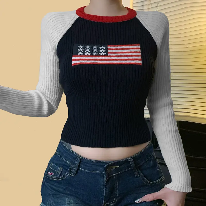 Flag Graphic Colorblock Long Sleeve Sweater Fall Winter Slim Fit Round Neck Short Pullover Casual Fashion Knitwear for Women