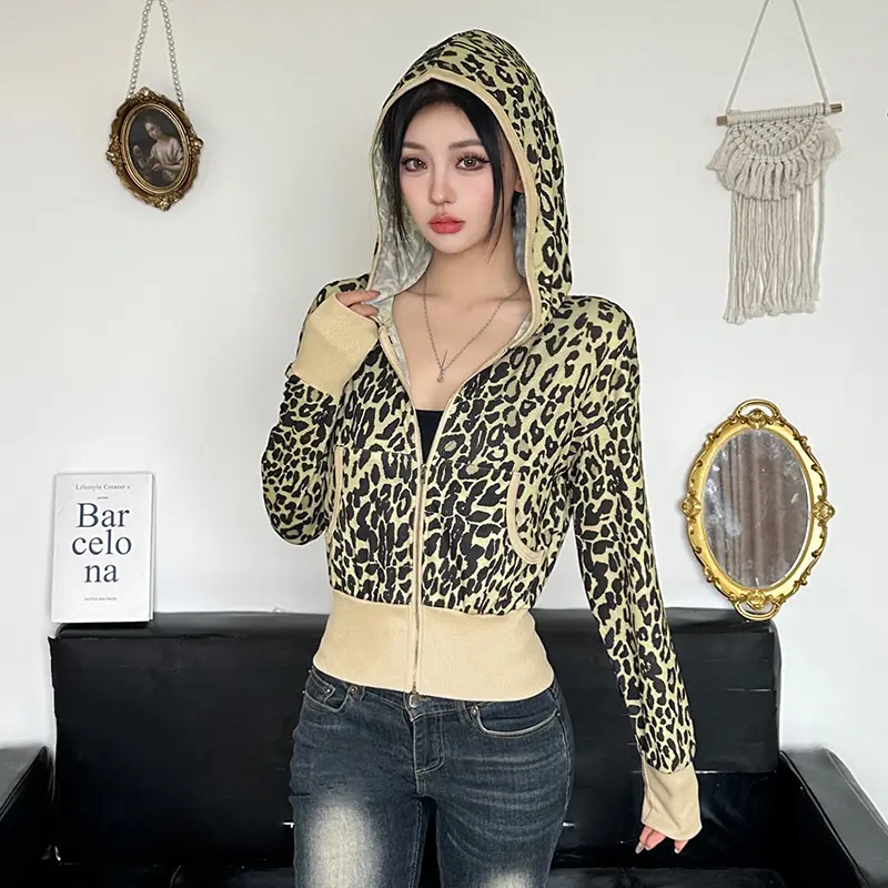 Leopard Print Hooded Jacket Vintage Fall Zipper Cropped Coat with Front Pockets Long Sleeve Stylish Women's Outerwear Casual