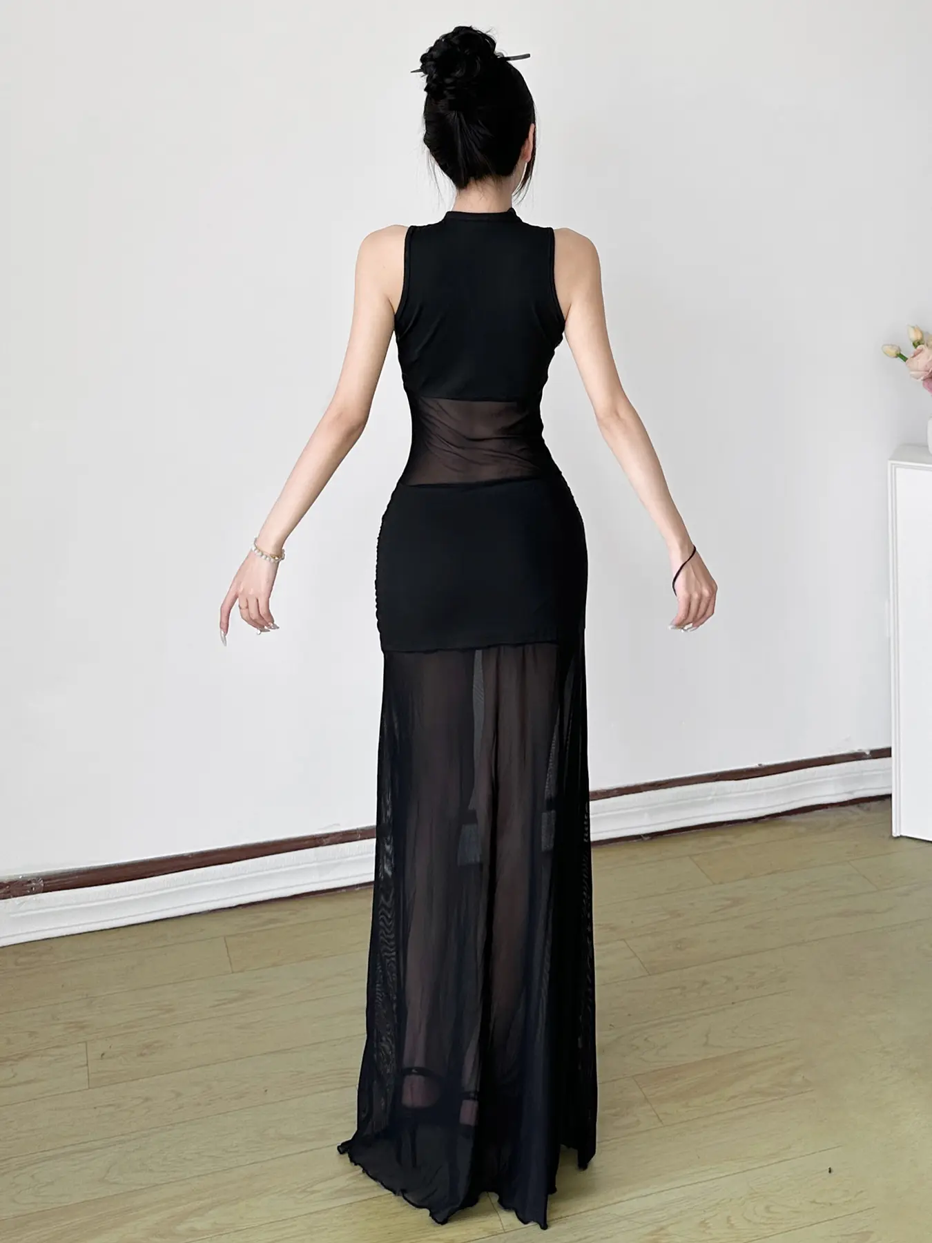 Rockmore Elegant Party Dresses for Women Fashion Mesh Tanks Dress Sexy Cut Out See ​​Through Long Off Shoulder Evening Robe