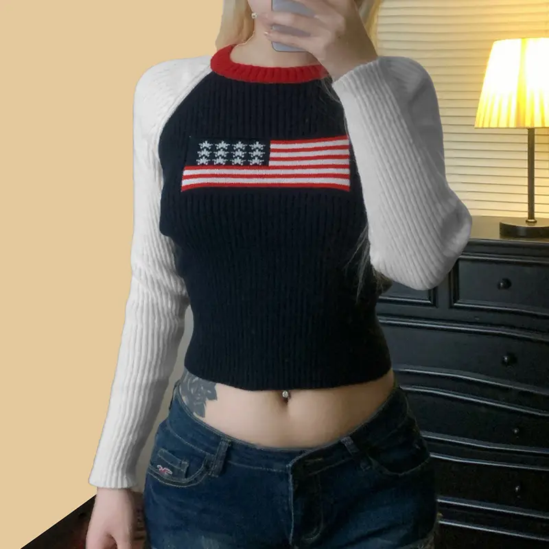 Flag Graphic Colorblock Long Sleeve Sweater Fall Winter Slim Fit Round Neck Short Pullover Casual Fashion Knitwear for Women