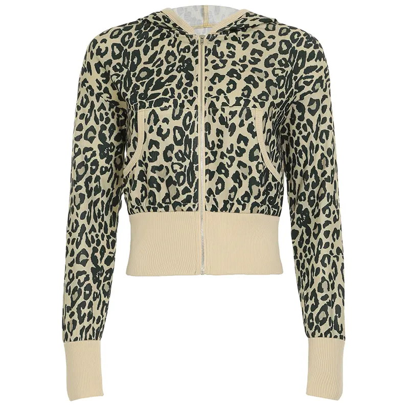 Leopard Print Hooded Jacket Vintage Fall Zipper Cropped Coat with Front Pockets Long Sleeve Stylish Women's Outerwear Casual