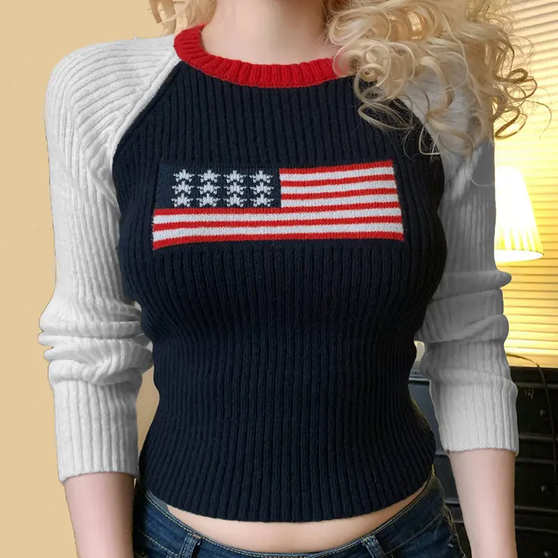 Flag Graphic Colorblock Long Sleeve Sweater Fall Winter Slim Fit Round Neck Short Pullover Casual Fashion Knitwear for Women
