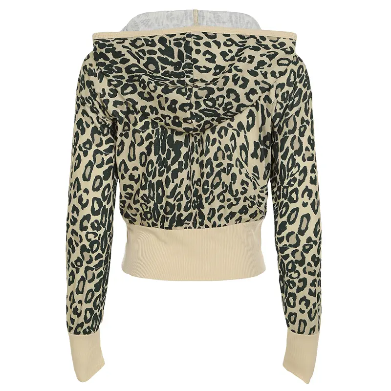 Leopard Print Hooded Jacket Vintage Fall Zipper Cropped Coat with Front Pockets Long Sleeve Stylish Women's Outerwear Casual