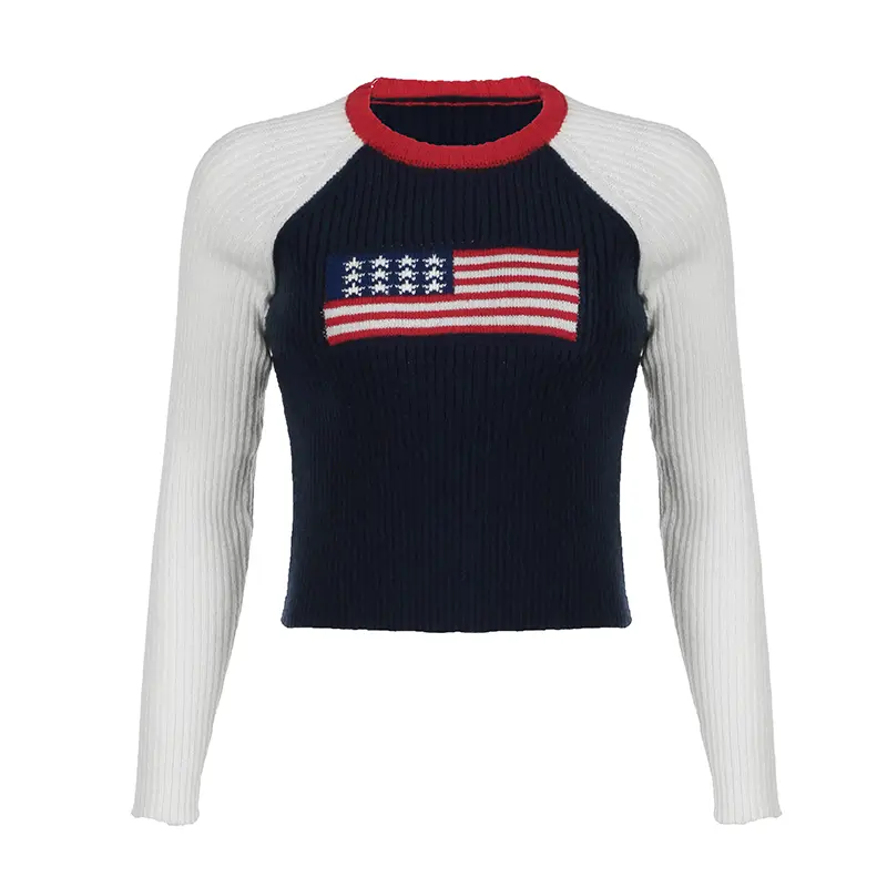 Flag Graphic Colorblock Long Sleeve Sweater Fall Winter Slim Fit Round Neck Short Pullover Casual Fashion Knitwear for Women