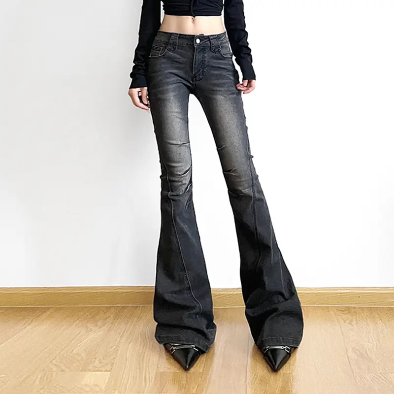 Rockmore Vintage Skinny Flare Jeans Pant Low Rise y2k Aesthetic Fashion Streetwear Denim Trouser femme Boot Cut Pants Grunge