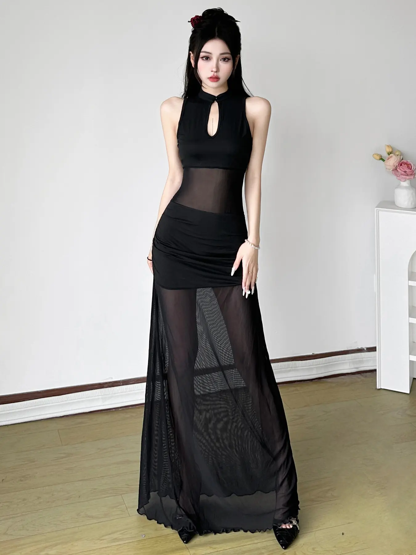 Rockmore Elegant Party Dresses for Women Fashion Mesh Tanks Dress Sexy Cut Out See ​​Through Long Off Shoulder Evening Robe