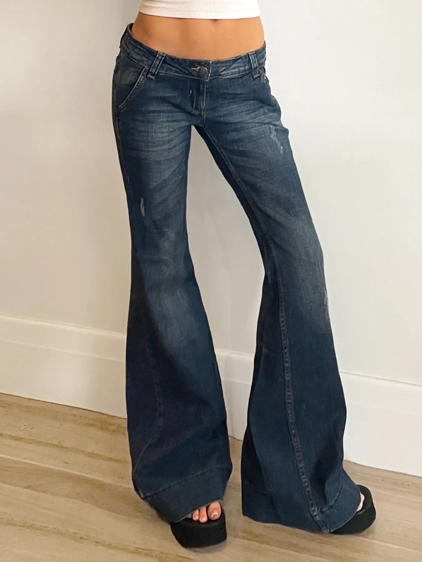 Rockmore Vintage Low Rise Flare Jeans Streetwear Slim Skinny Blue Denim Pants Harajuku 2000s Casual Women's Trousers Y2k Clothes