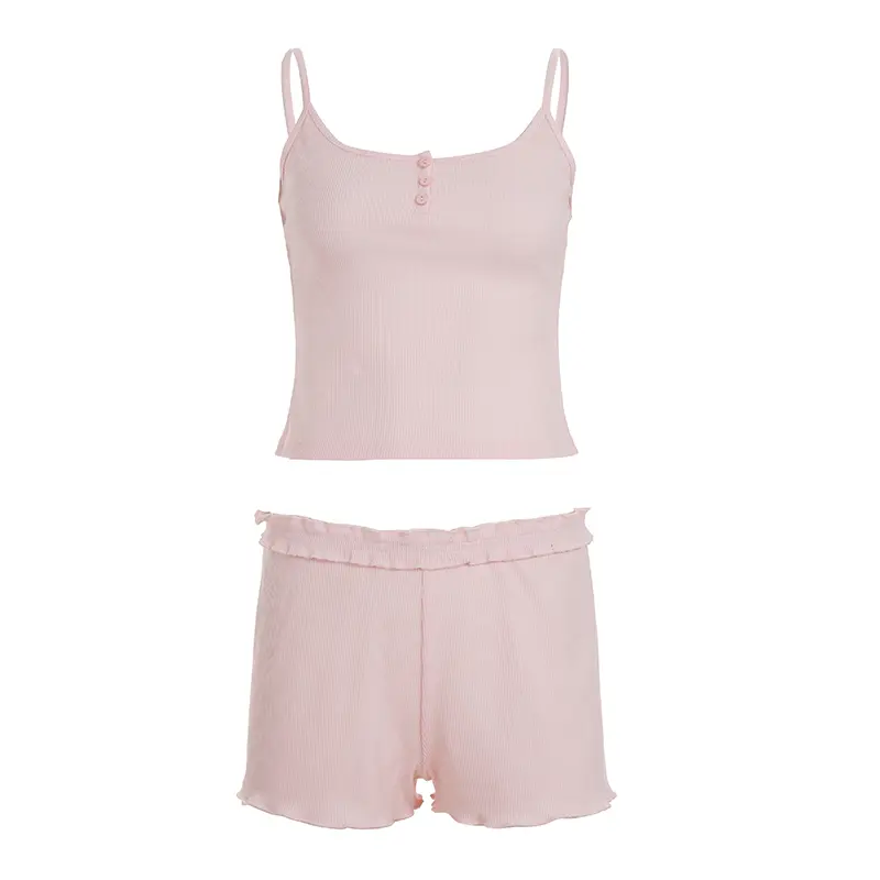 Rockmore Pink Sweet Knit Camis Shorts Set Summer Casual CropTop + Ruffle Hem Mini Shorts Women's Fashion Clothing