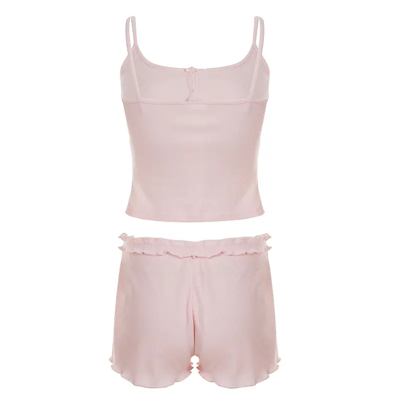 Rockmore Pink Sweet Knit Camis Shorts Set Summer Casual CropTop + Ruffle Hem Mini Shorts Women's Fashion Clothing