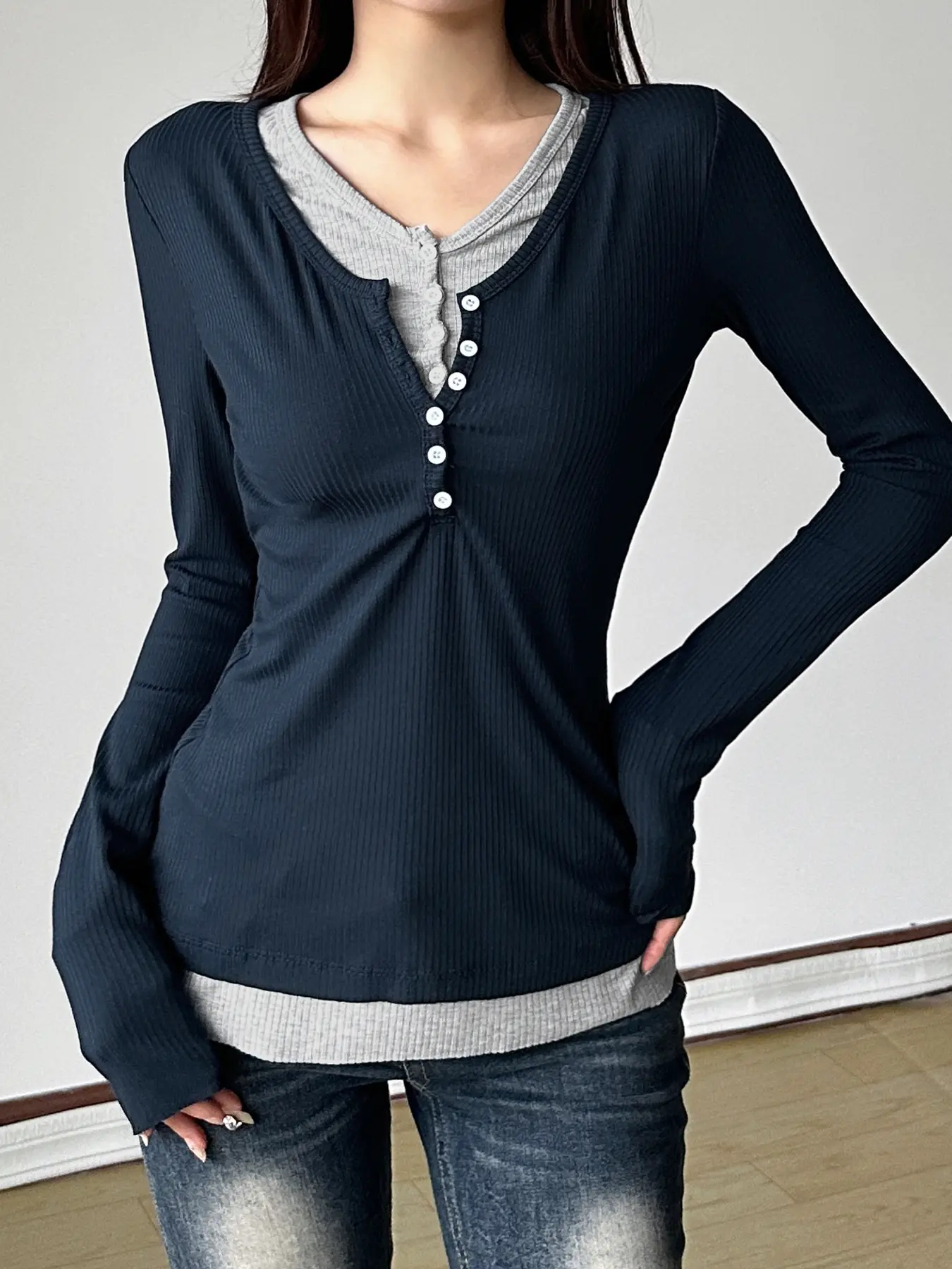 Rockmore Contrast Patchwork Buttons Collar Tops Long Sleeve Women Pullover Spring Autumn Casual Harajuku Korean Basic T Shirts