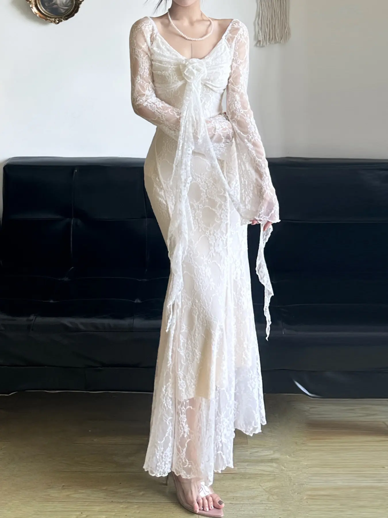 Rockmore Elegant Party Dress Lace Knot Floral Ribbons Holiday Fairycore Outfits Tulle Long Sleeve Slim Wrap Trumpet Maxi Dresses