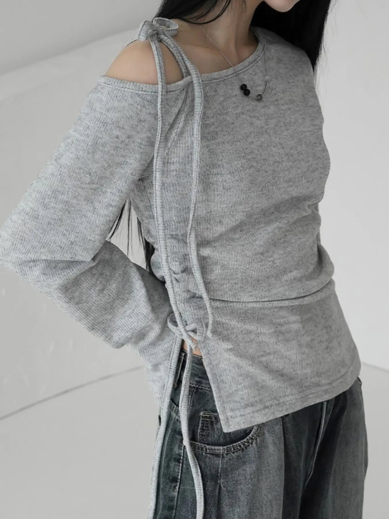 Rockmore Skew Collar Tie-up Off Shoulder T-Shirt for Women Long Sleeve Drawstring Slim Fit Top Solid Korean Fall Casual T Shirts