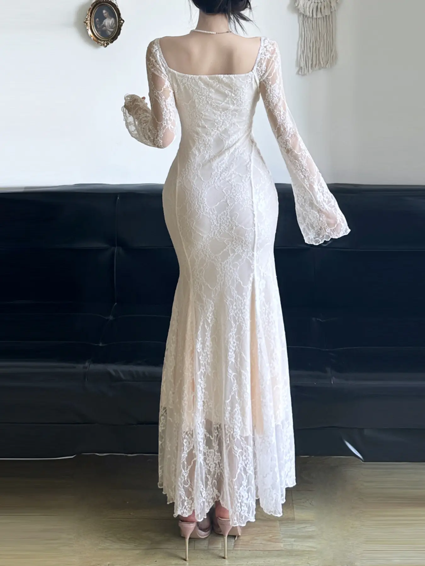 Rockmore Elegant Party Dress Lace Knot Floral Ribbons Holiday Fairycore Outfits Tulle Long Sleeve Slim Wrap Trumpet Maxi Dresses
