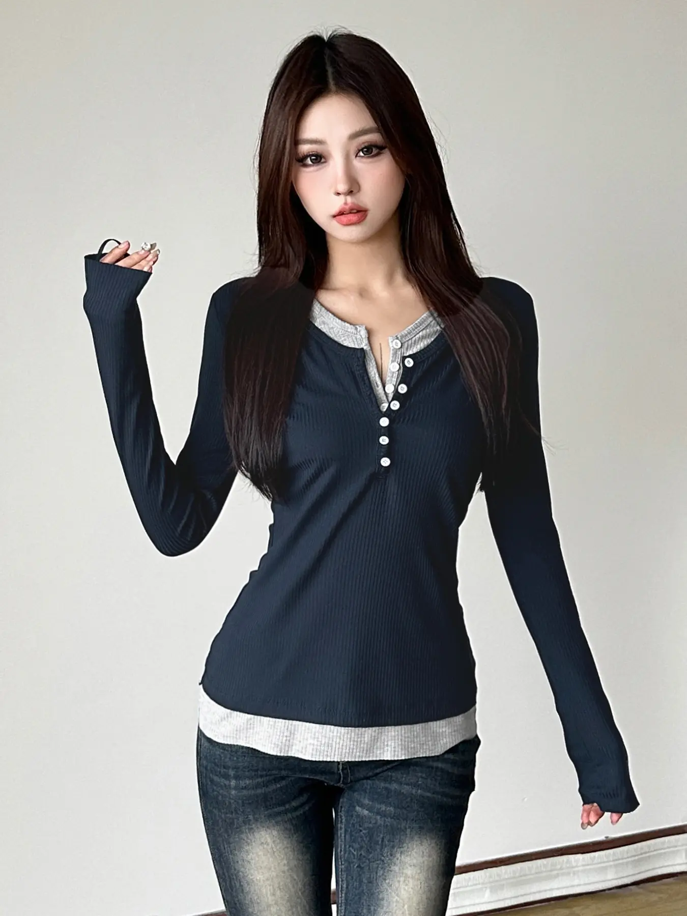 Rockmore Contrast Patchwork Buttons Collar Tops Long Sleeve Women Pullover Spring Autumn Casual Harajuku Korean Basic T Shirts