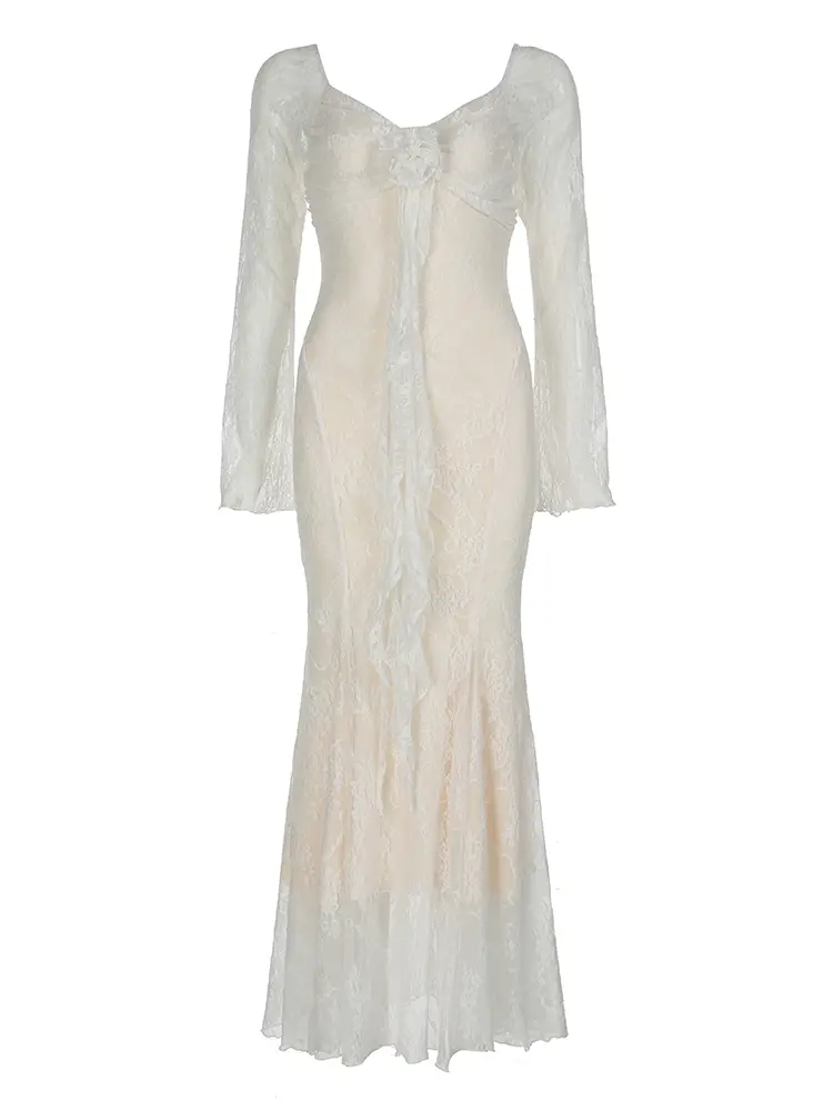 Rockmore Elegant Party Dress Lace Knot Floral Ribbons Holiday Fairycore Outfits Tulle Long Sleeve Slim Wrap Trumpet Maxi Dresses