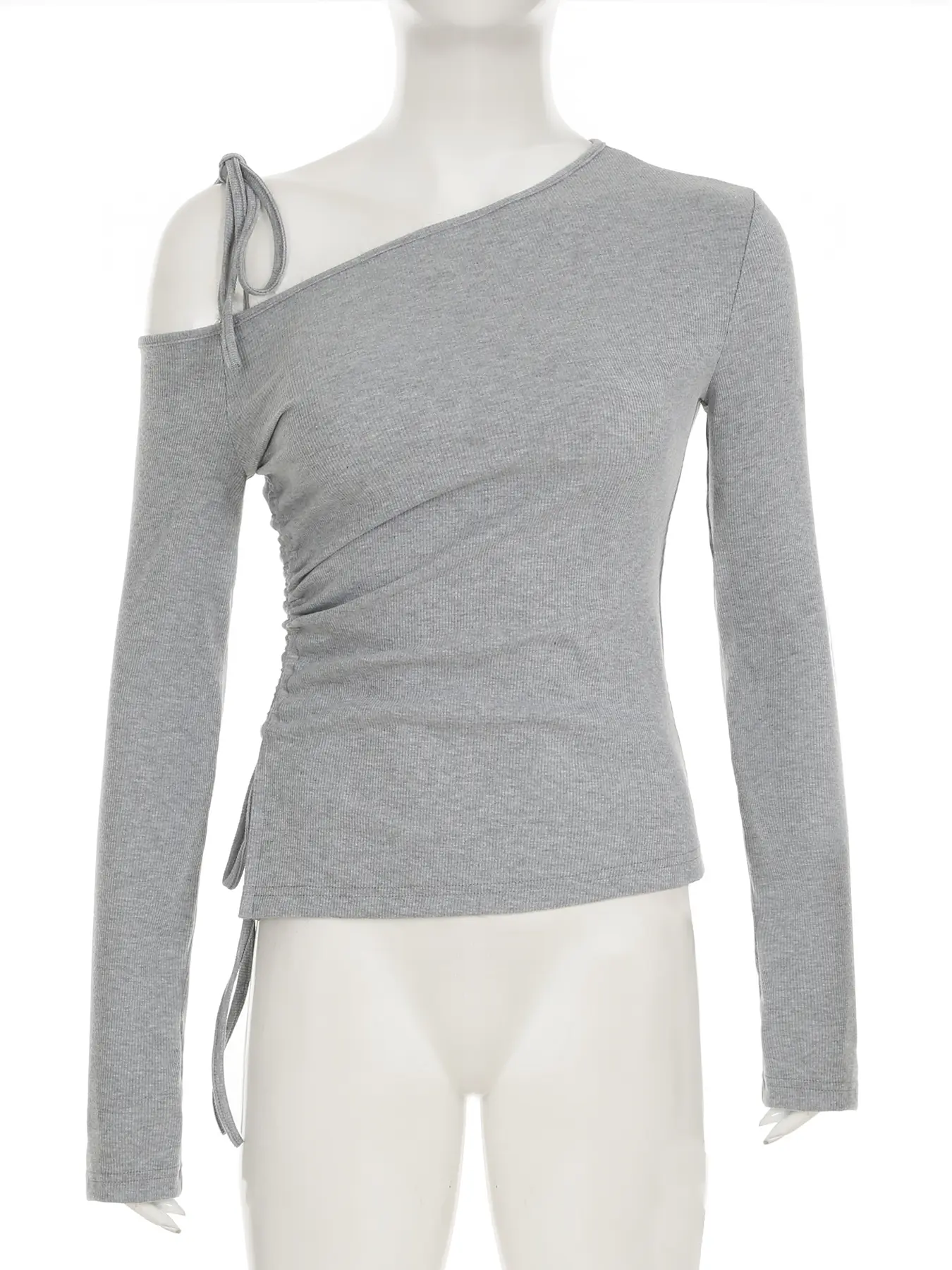 Rockmore Skew Collar Tie-up Off Shoulder T-Shirt for Women Long Sleeve Drawstring Slim Fit Top Solid Korean Fall Casual T Shirts