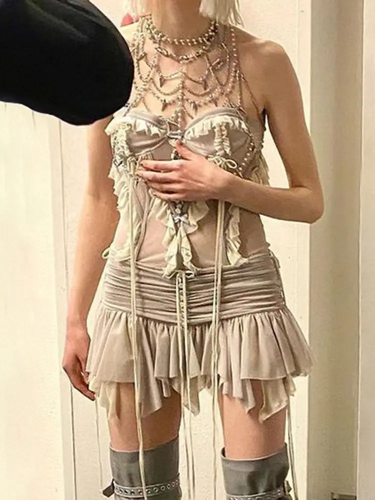 Rockmore Balletcore Mesh Mini Skirts Fashion Low Waist y2k Aesthetic Fairycore Short Pleated Mini Skirts Female Sweet Girls 2023