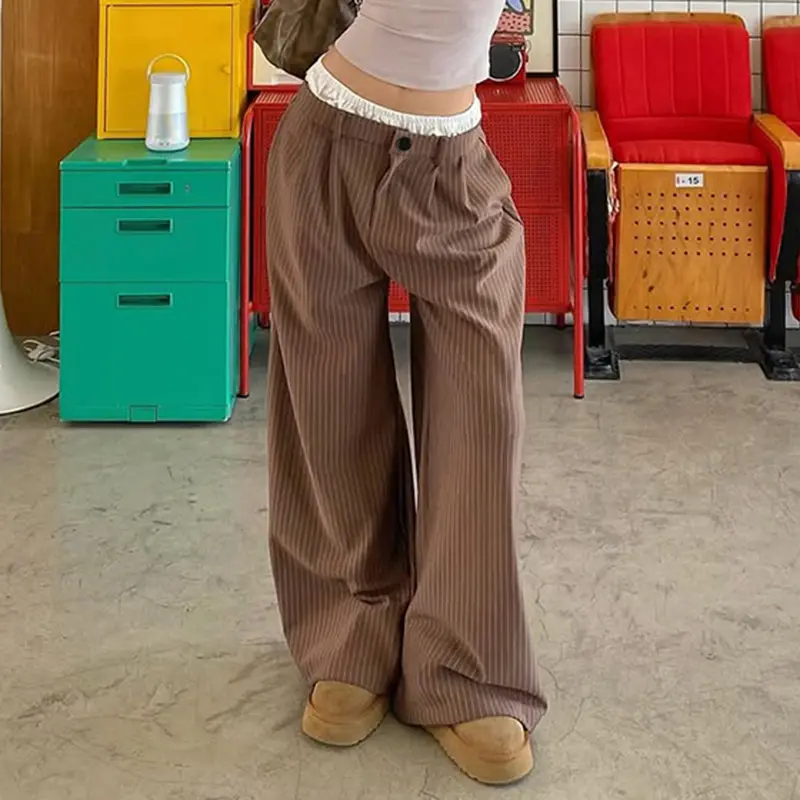 Contrast Patchwork Women Striped Wide Leg Pants Fashion Street Harajuku Loose Suit Trousers Y2k Aesthetic Casual Oversize Pants