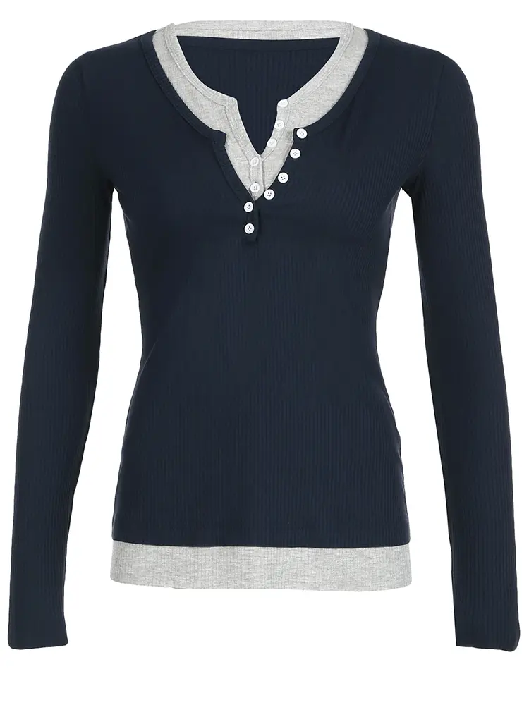 Rockmore Contrast Patchwork Buttons Collar Tops Long Sleeve Women Pullover Spring Autumn Casual Harajuku Korean Basic T Shirts