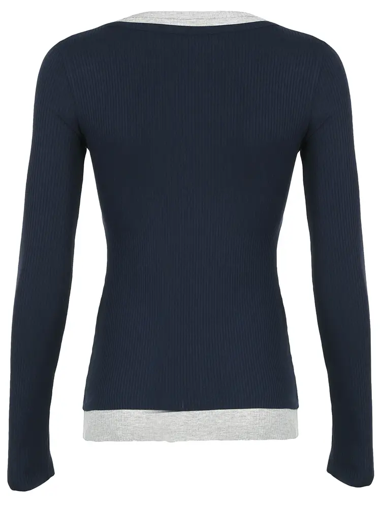 Rockmore Contrast Patchwork Buttons Collar Tops Long Sleeve Women Pullover Spring Autumn Casual Harajuku Korean Basic T Shirts