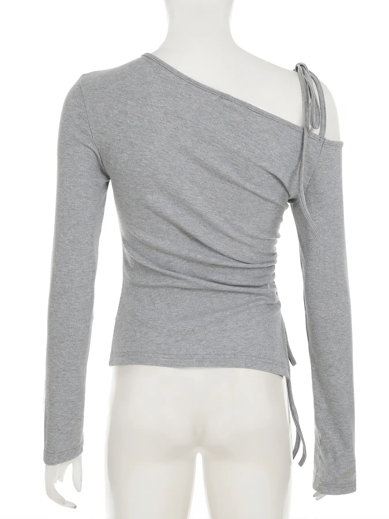 Rockmore Skew Collar Tie-up Off Shoulder T-Shirt for Women Long Sleeve Drawstring Slim Fit Top Solid Korean Fall Casual T Shirts