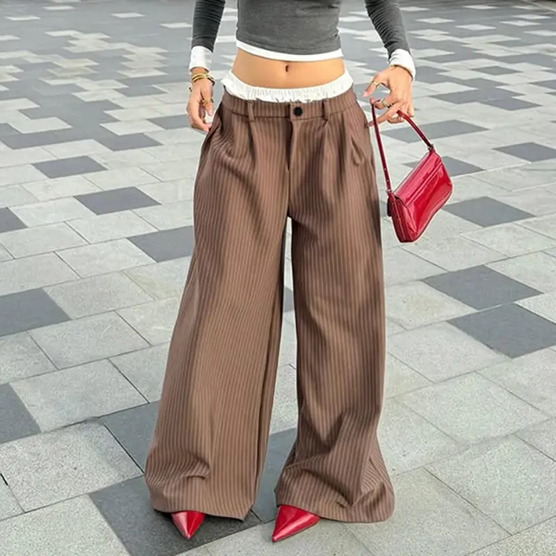 Contrast Patchwork Women Striped Wide Leg Pants Fashion Street Harajuku Loose Suit Trousers Y2k Aesthetic Casual Oversize Pants