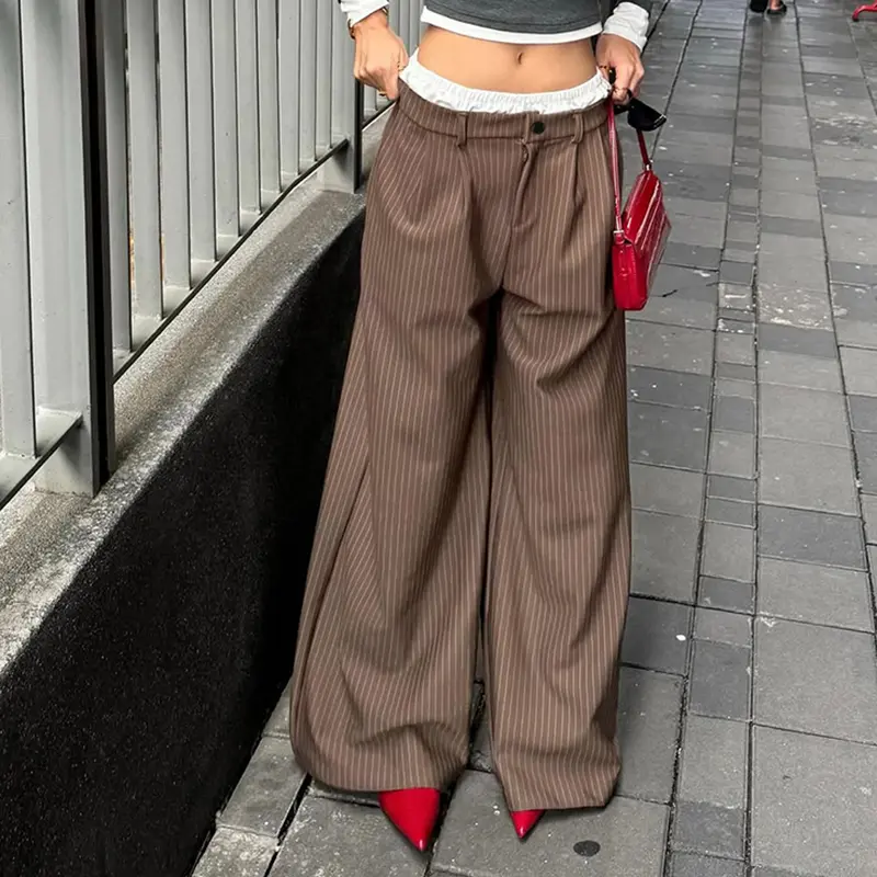 Contrast Patchwork Women Striped Wide Leg Pants Fashion Street Harajuku Loose Suit Trousers Y2k Aesthetic Casual Oversize Pants