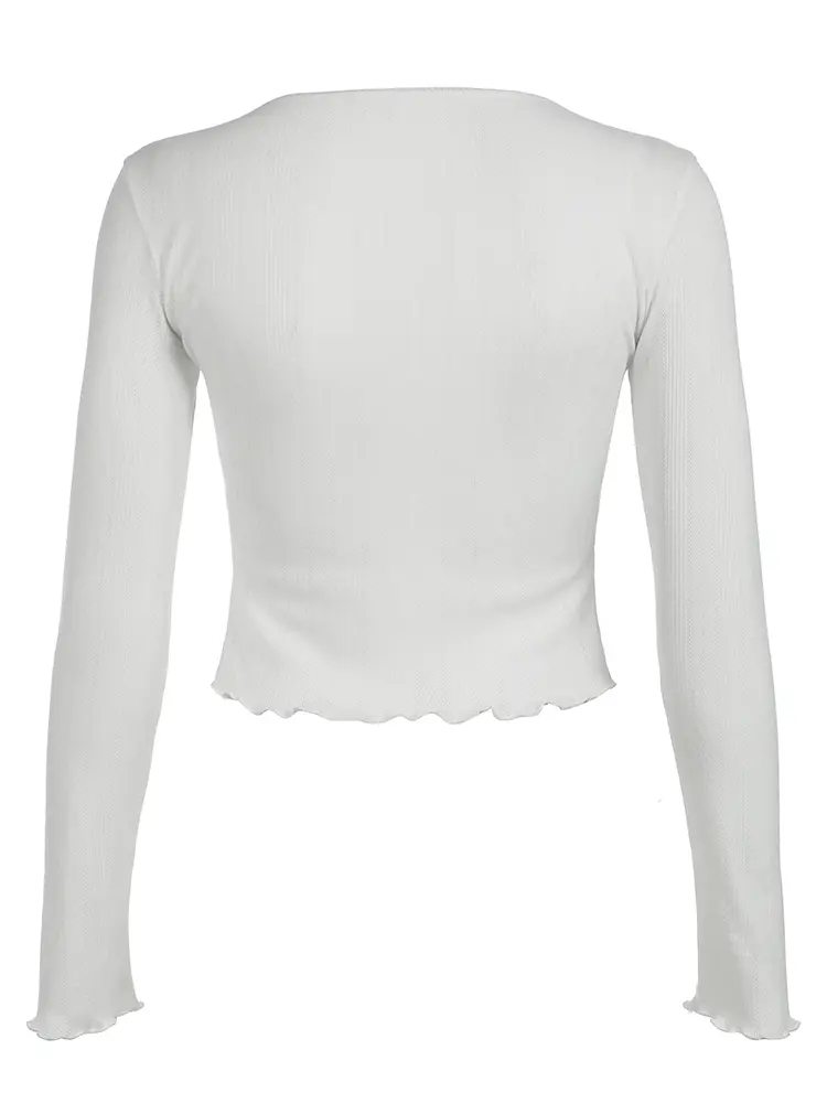 Rockmore White Lettuce Trim Button Front Knit Tops Cardigan Y2K Korean Casual Long Sleeve O Neck Women's Knitwear Spring Fall