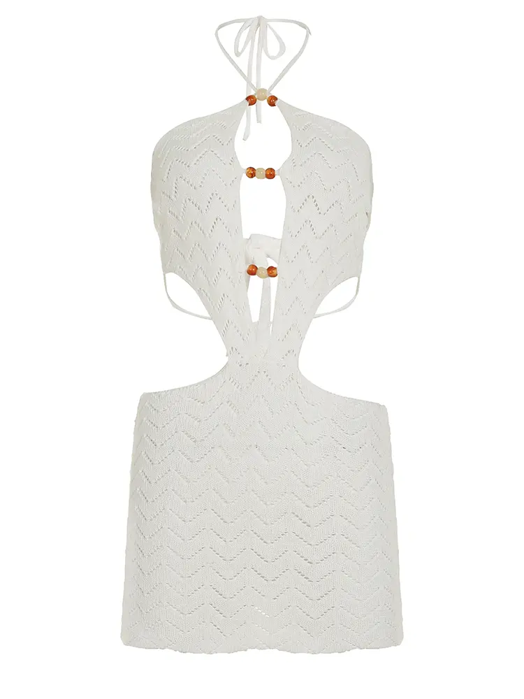 Rockmore Women's Backless Mini Cover-Up Hollow out Knitting Halter Beach Dress for Vacation Party Clubwear Sexy Fashion