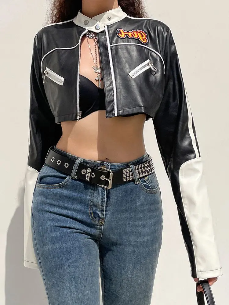 Rockmore PU Cropped Jackets Women Punk Style Patchwork Zipper Stand Collar Bomber Coats Streetwear Autumn Leather Outerwear 2022