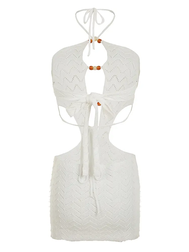 Rockmore Women's Backless Mini Cover-Up Hollow out Knitting Halter Beach Dress for Vacation Party Clubwear Sexy Fashion