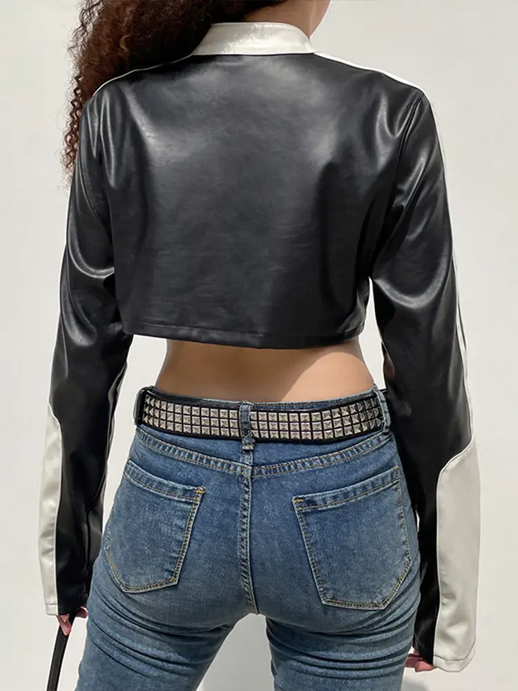 Rockmore PU Cropped Jackets Women Punk Style Patchwork Zipper Stand Collar Bomber Coats Streetwear Autumn Leather Outerwear 2022