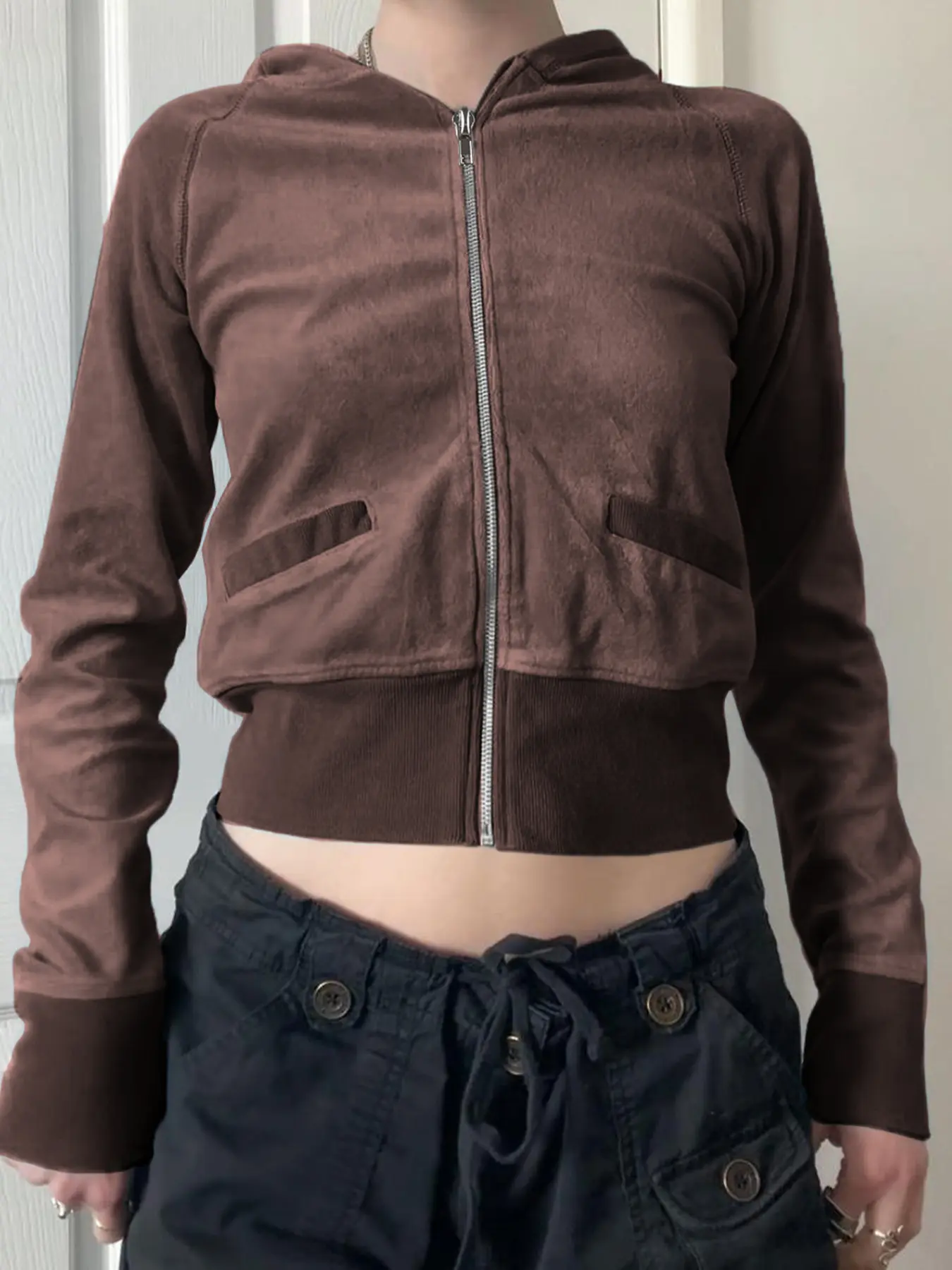 Rockmore Y2k Zip Up Cropped Hoodie Solid Velvet Goth Jacket Aesthetic Vintage Slim Autumn Coats Retro 2000s Long Sleeve Top Chic