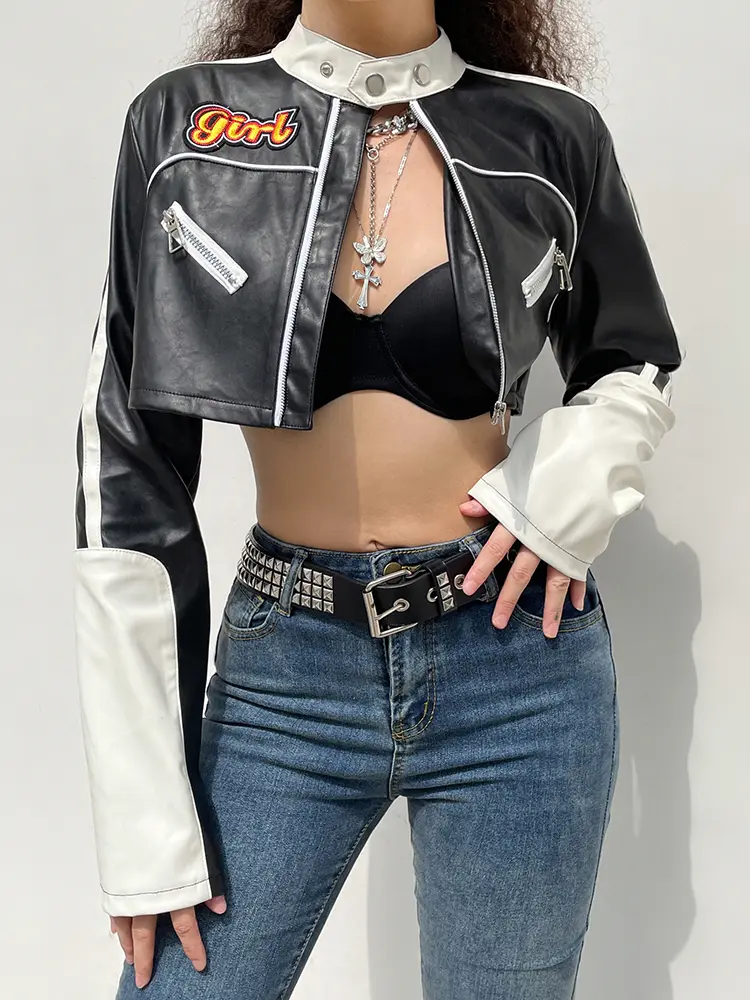Rockmore PU Cropped Jackets Women Punk Style Patchwork Zipper Stand Collar Bomber Coats Streetwear Autumn Leather Outerwear 2022