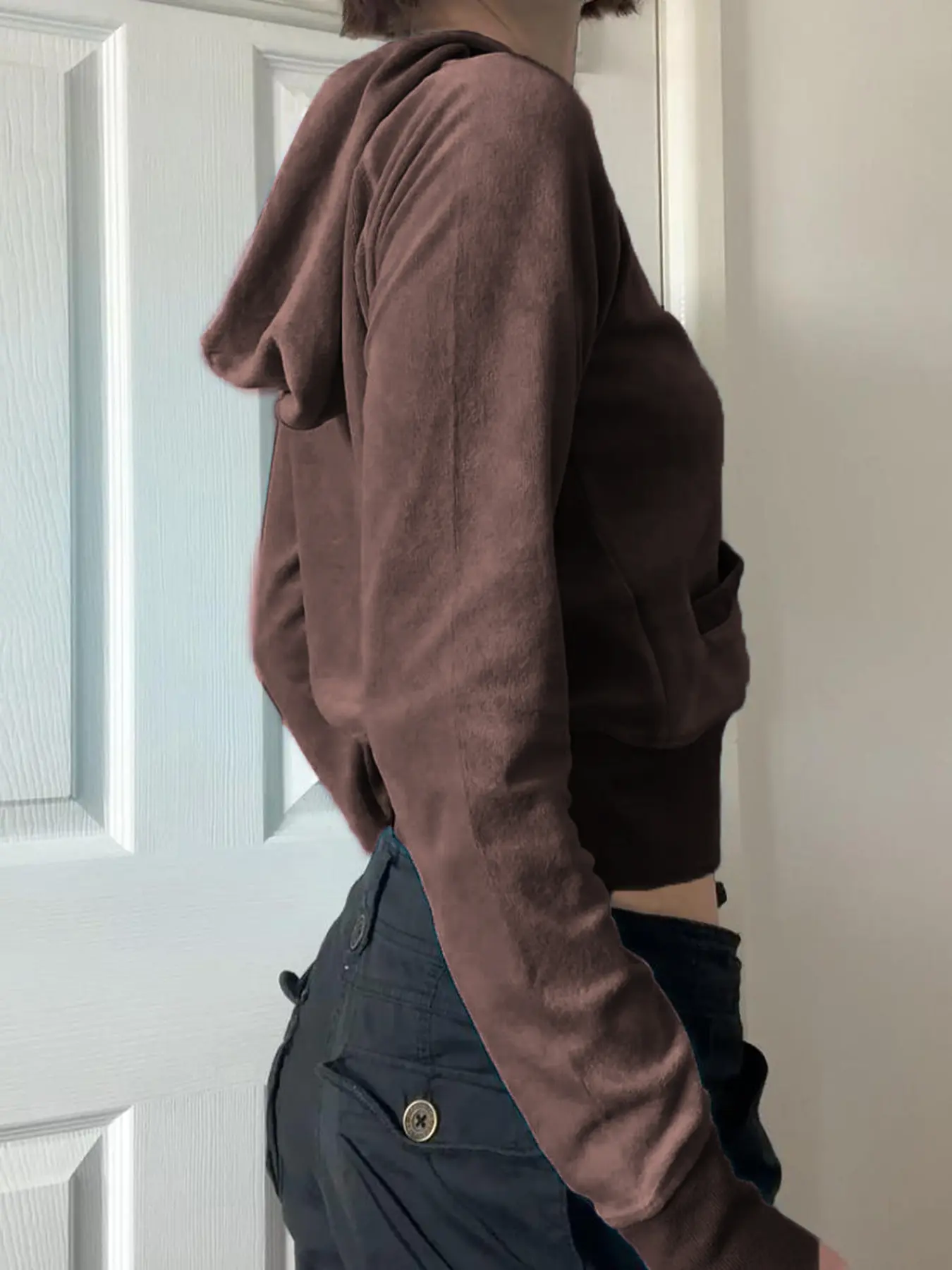 Rockmore Y2k Zip Up Cropped Hoodie Solid Velvet Goth Jacket Aesthetic Vintage Slim Autumn Coats Retro 2000s Long Sleeve Top Chic