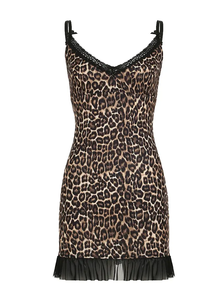 Rockmore  Leopard Print Lace Spaghetti Strap Dress Women Sexy V-Neck Mesh Bodycon Wrap Dresses Female Fashion Party Club Clothes