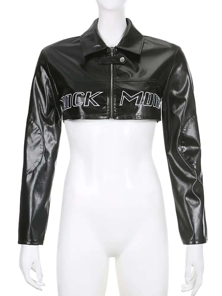 Rockmore High Street PU Cropped Jackets Women Leather Moto & Biker Fashion Zipper Up Short Coats Autumn Long Sleeves Outerwear