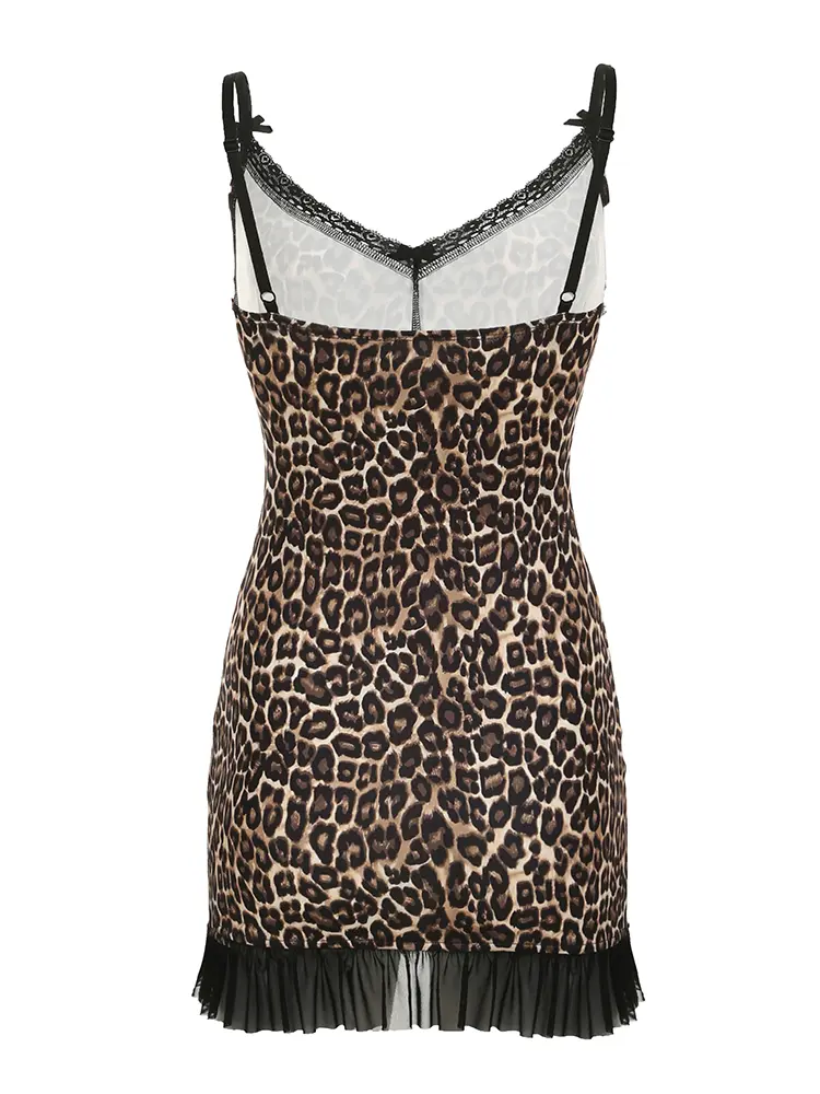 Rockmore  Leopard Print Lace Spaghetti Strap Dress Women Sexy V-Neck Mesh Bodycon Wrap Dresses Female Fashion Party Club Clothes