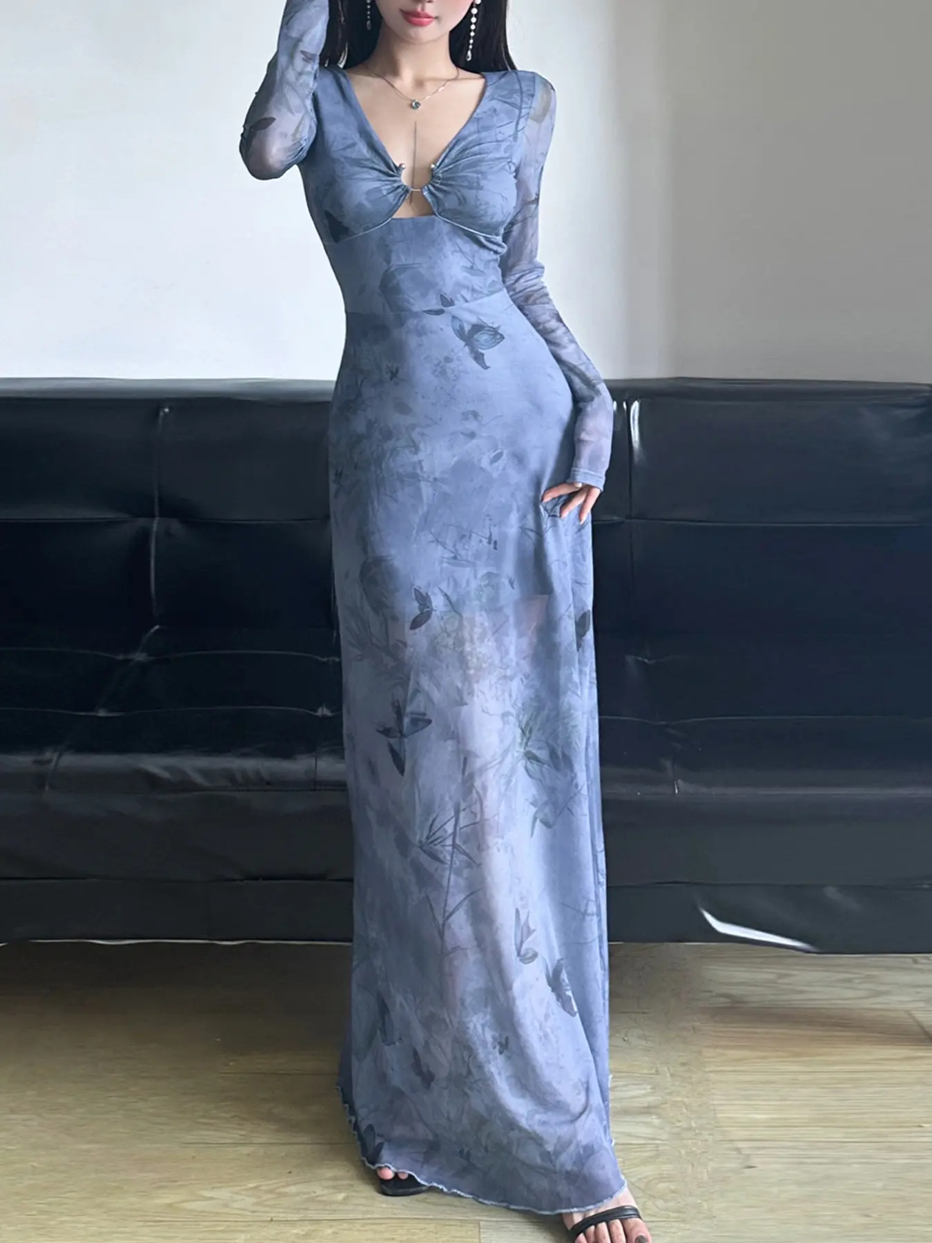 Rockmore Elegant Floral Butterfly Print Dress Sexy See Through Mesh Blue Korean Fashion Vintage Chic Long Sleeve Dresses Women