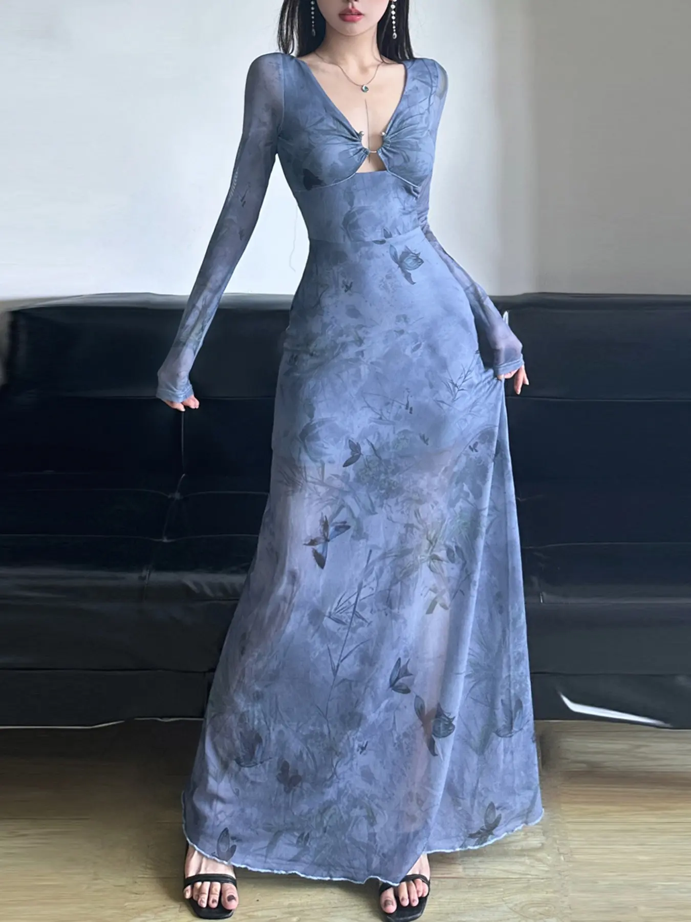 Rockmore Elegant Floral Butterfly Print Dress Sexy See Through Mesh Blue Korean Fashion Vintage Chic Long Sleeve Dresses Women