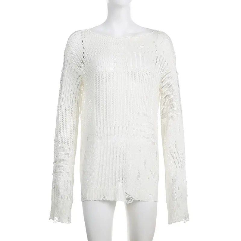 Rockmore Grunge Fairycore Women's Ripped Hollow Out Sweater Street Solid Long Sleeve Crew Neck Knitwear Fall Round Neck Pullover